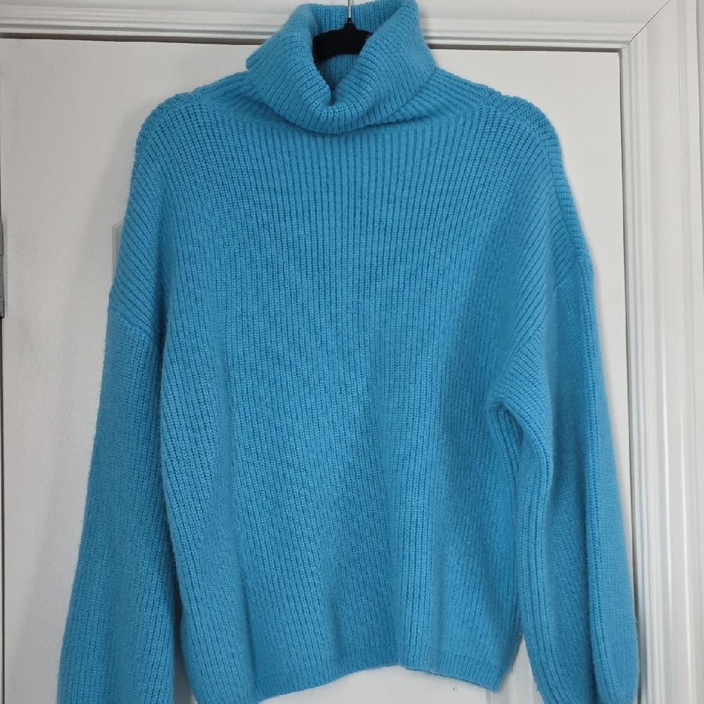 EUC Lumiere Large Vibrant Aqua Blue Cowl Neck Sweater - Picture 2 of 6